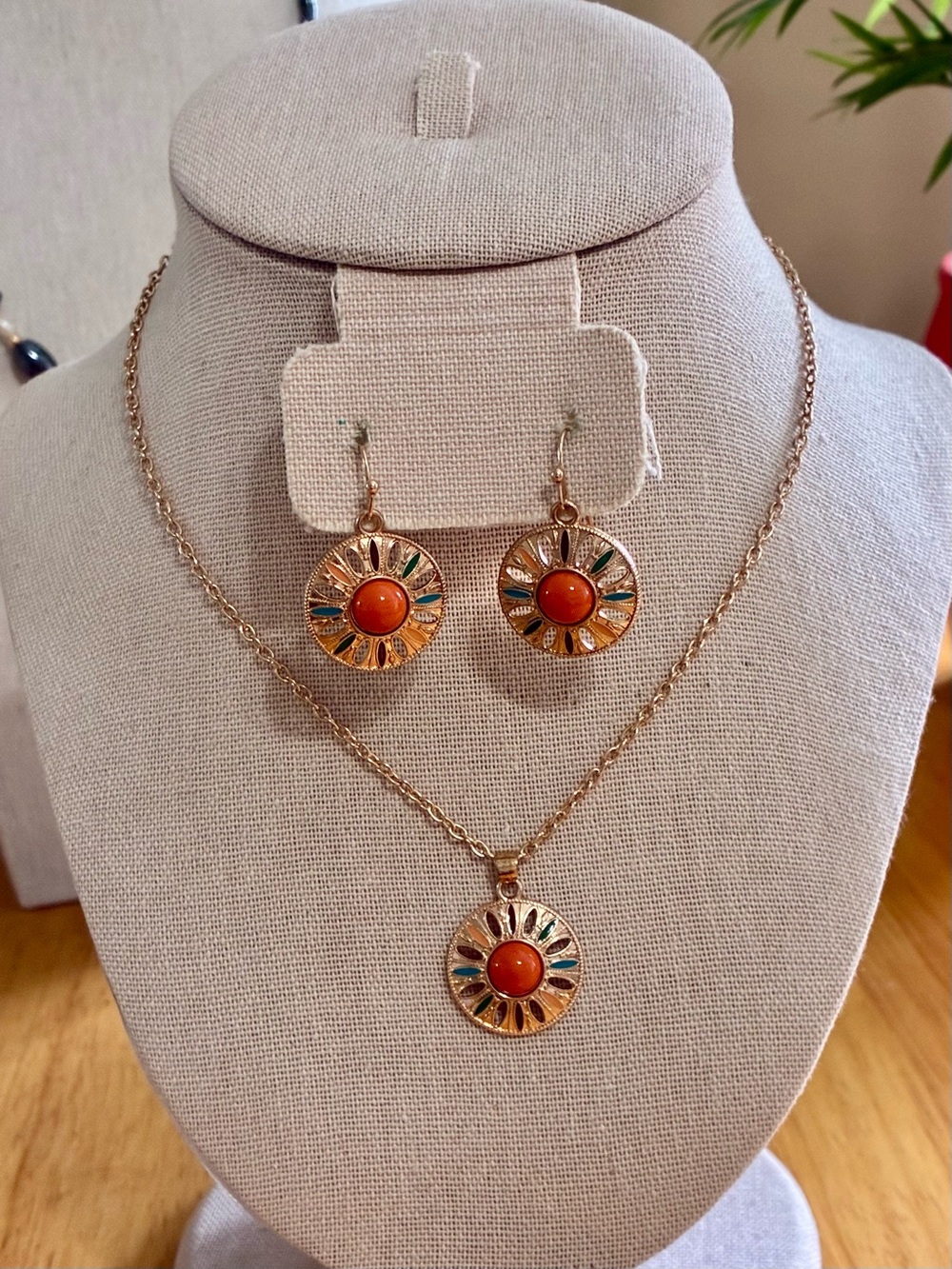 Gold-Tone Sunburst Pendant Necklace & Earring Set with Orange Accents